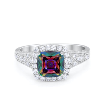Cushion Art Deco Wedding Ring Simulated Rainbow CZ 925 Sterling Silver